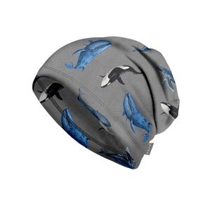Unuo Unuo, Dětská čepice fleecová Homeless, Šedá, Velryby Velikost: M (49-52 cm)