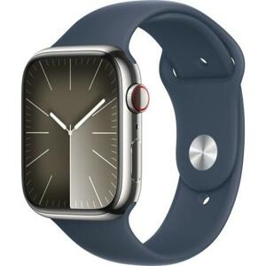 Apple Watch Series 9 Cellular 45mm Stříbrná ocel s bouřkově modrým sportovním řemínkem S/M