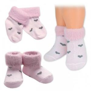 Bavlněné dětské ponožky s chlupáčkovým lemem, Srdíčka - růžové, 1 pár 56-68 (0-6 m)