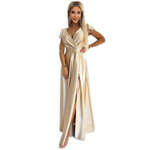Numoco Dámské saténové dlouhé šaty s výstřihem CRYSTAL - zlaté Velikost: XXL, Zlatá