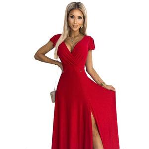 Numoco Dámské třpytivé dlouhé šaty s výstřihem CRYSTAL - červené Velikost: XXXL, Červená