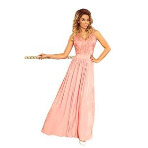 Numoco Dlouhé šaty s krajkovým výstřihem LEA - růžové Velikost: XL, Růžová