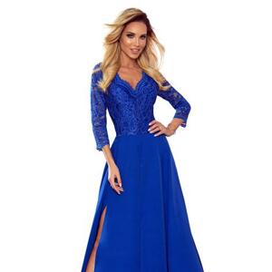 Numoco Elegantní dlouhé šaty s krajkovým výstřihem AMBER - modré Velikost: S, Modrá